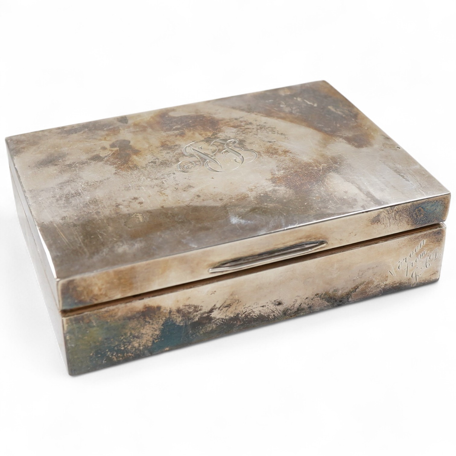 A George V silver mounted rectangular cigarette box, Sampson Mordan & Co, London, 1931, 17cm, with engraved monogram to the cover.